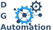 Niebieskie logo firmy DGAutomation z ikoną koła zębatego, symbolizujące automatyzację i nowoczesne technologie.